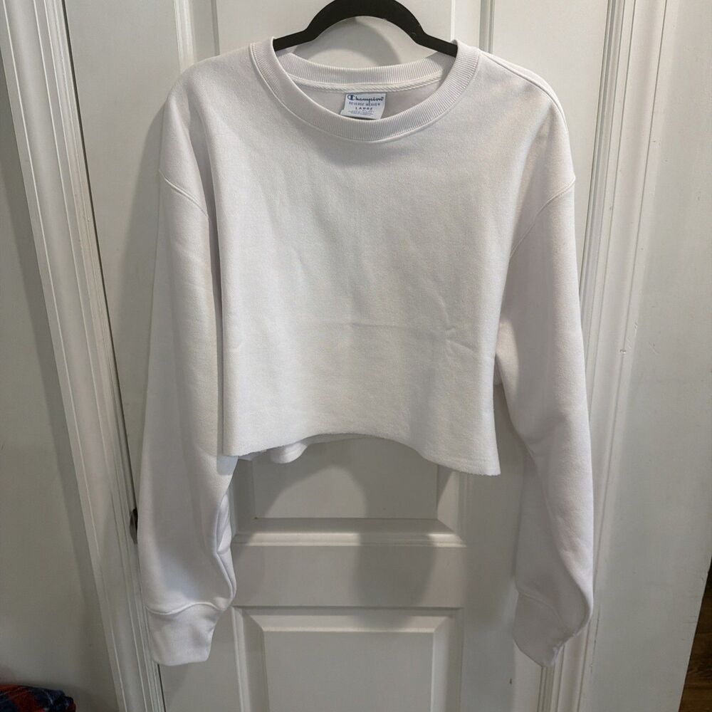Champion Cropped Reverse Weave Sweatshirt Mock Crewneck White Size LG
